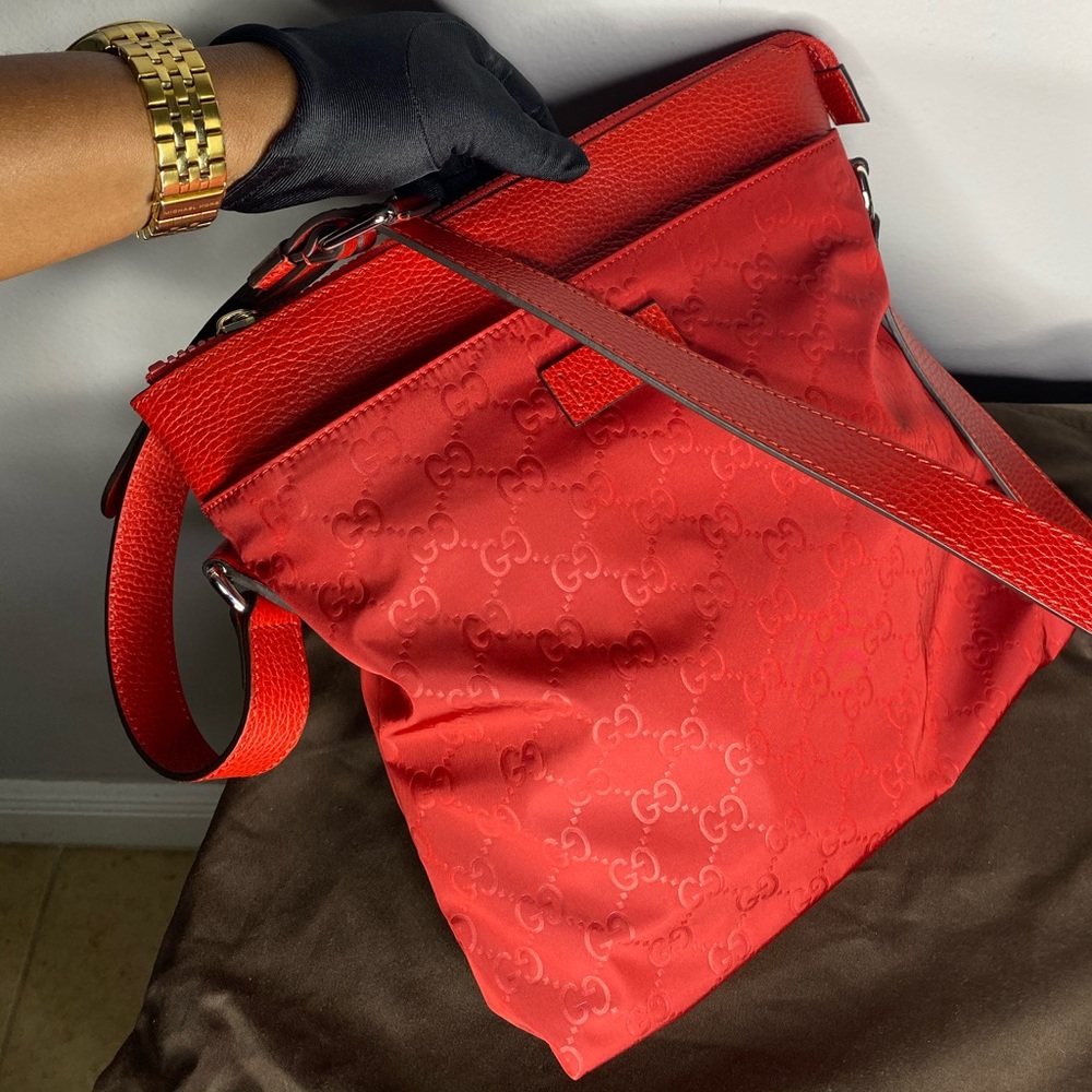 Gucci Red Nylon Leather Guccissima Messenger Bag